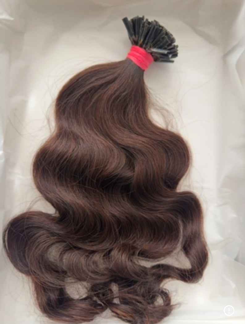 Indian Remy Human Hair Extensions, 18", Brown, Wavy, Nail Tip - Next Day Shipping