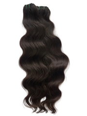 Two bundles of long, dark brown wavy hair extensions laid flat on a white background.