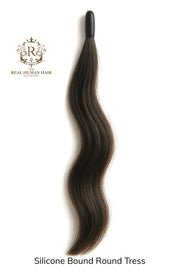 Silicone bound round tress with Real Human Hair Company logo on a white background