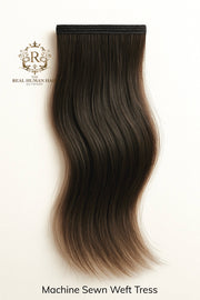 Human hair tress with 'Real Human Hair Company' logo on a white background