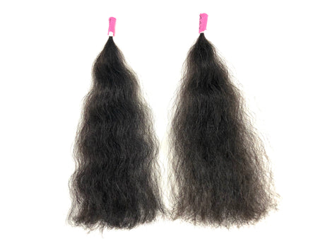 Two bundles of type 4 black hair tresses with pink clips on a white background